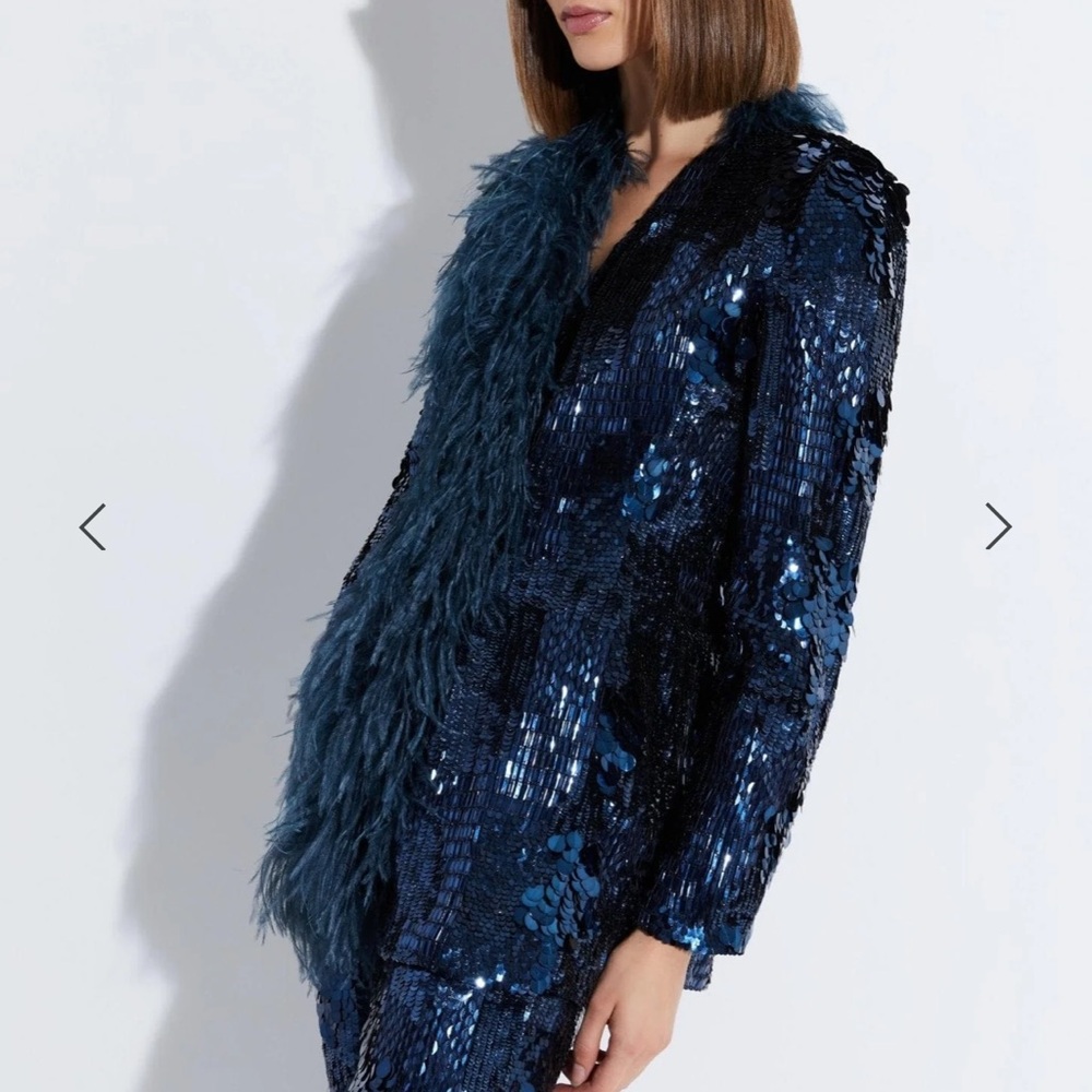 LAPOINTE Blue Blazer Patchwork Sequin Feather Trim Blazer - Picture 4 of 13